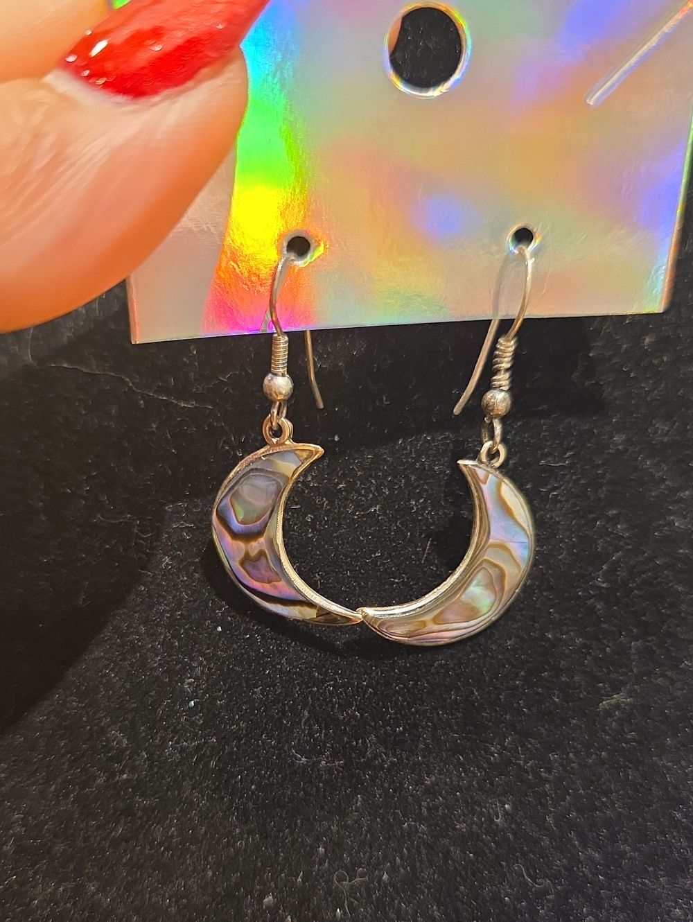 Abalone Crescent Moon Dangle Earrings - Mexican Silver Iridescent Shell